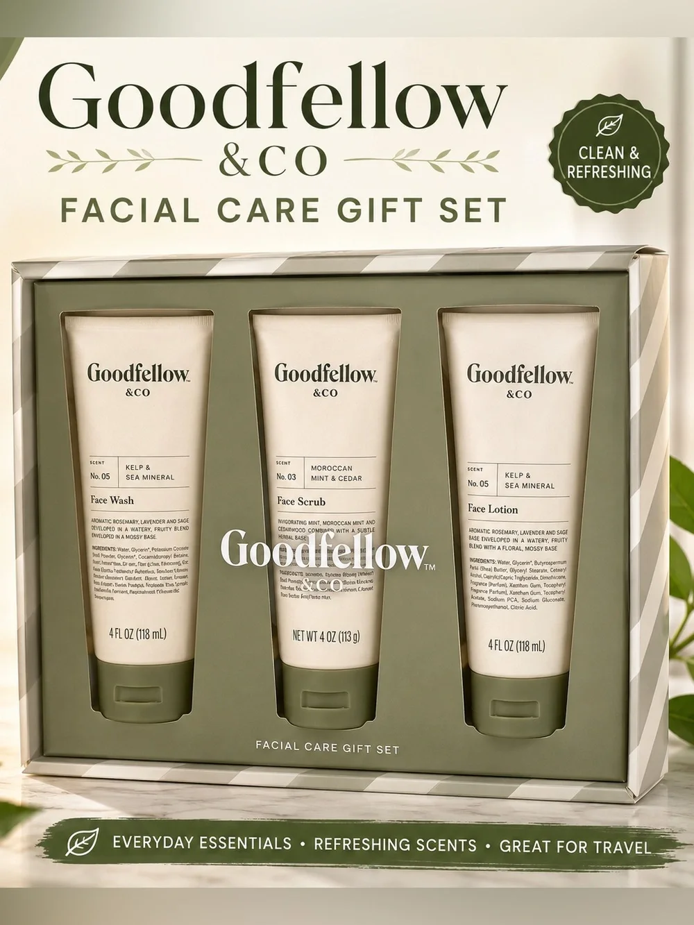 3pc set Goodfellow & Co Facial Care scrub, lotion & wash